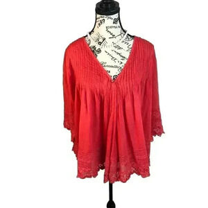 V Christina Large Red Peasant Blouse Jacket One Button Layering Piece Lace